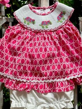 LK NW Banana Split Smocked Pink Green Turtle Dress & Bloomers Sz 6M